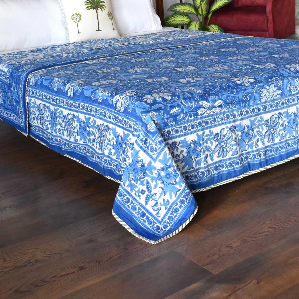 Indian Hand Block Printed Cotton Dohar Queen Size  Anarkali Blue 501540