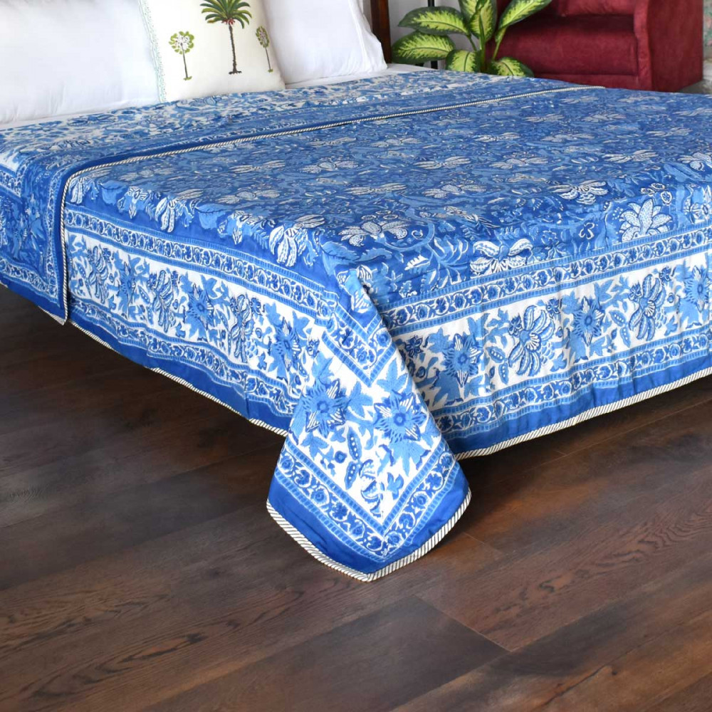 Image of Indian Hand Block Printed Cotton Dohar Queen Size | Anarkali Blue 501540