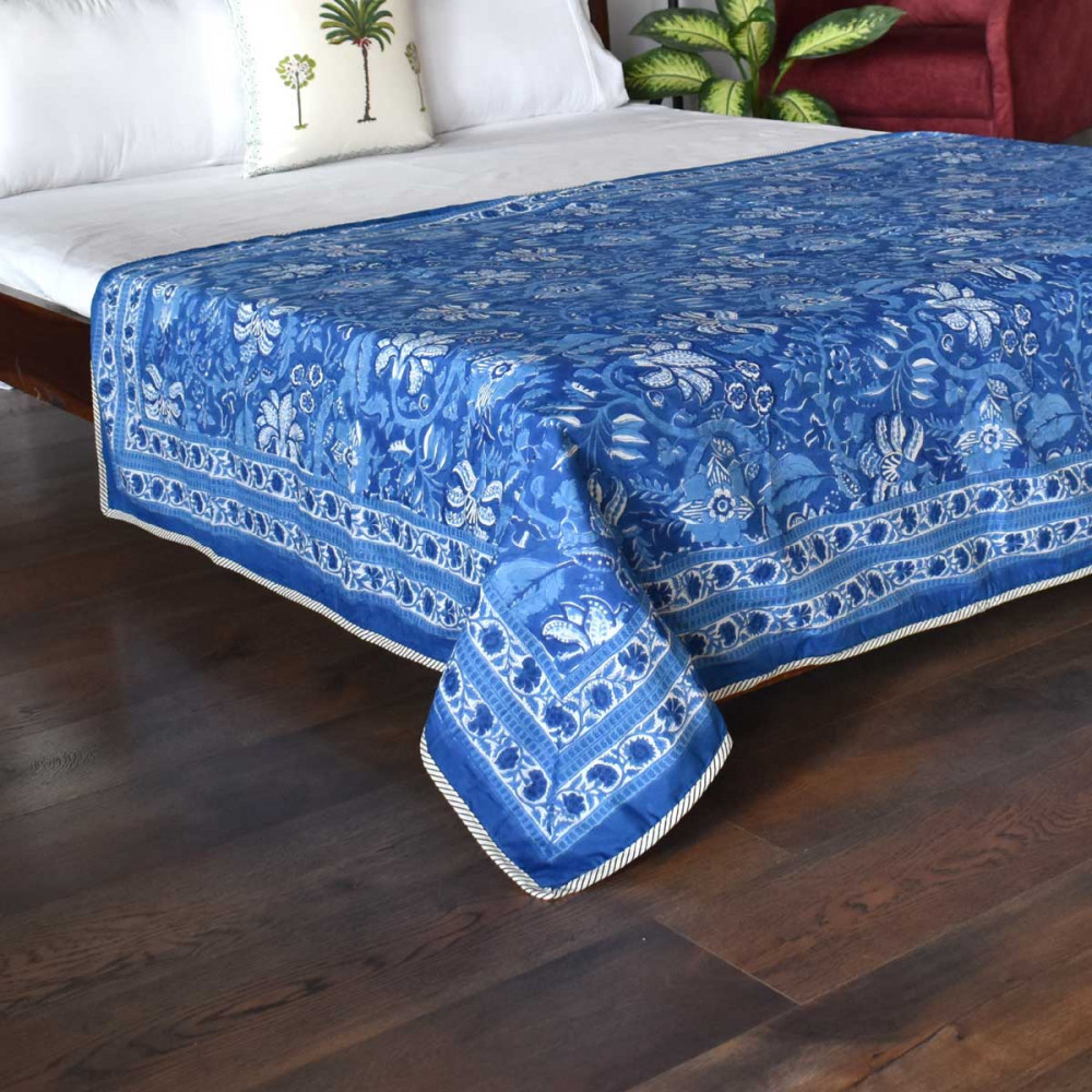 Image of Hand Block Printed Cotton Twin Size Dohar | Anarkali Blue 501784