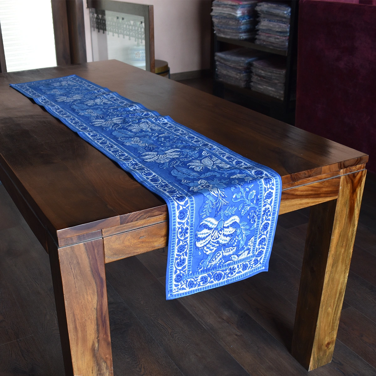 Hand Block Printed Cotton Canvas Table Runner 33x170 cms Anarkali Blue Gud 106797