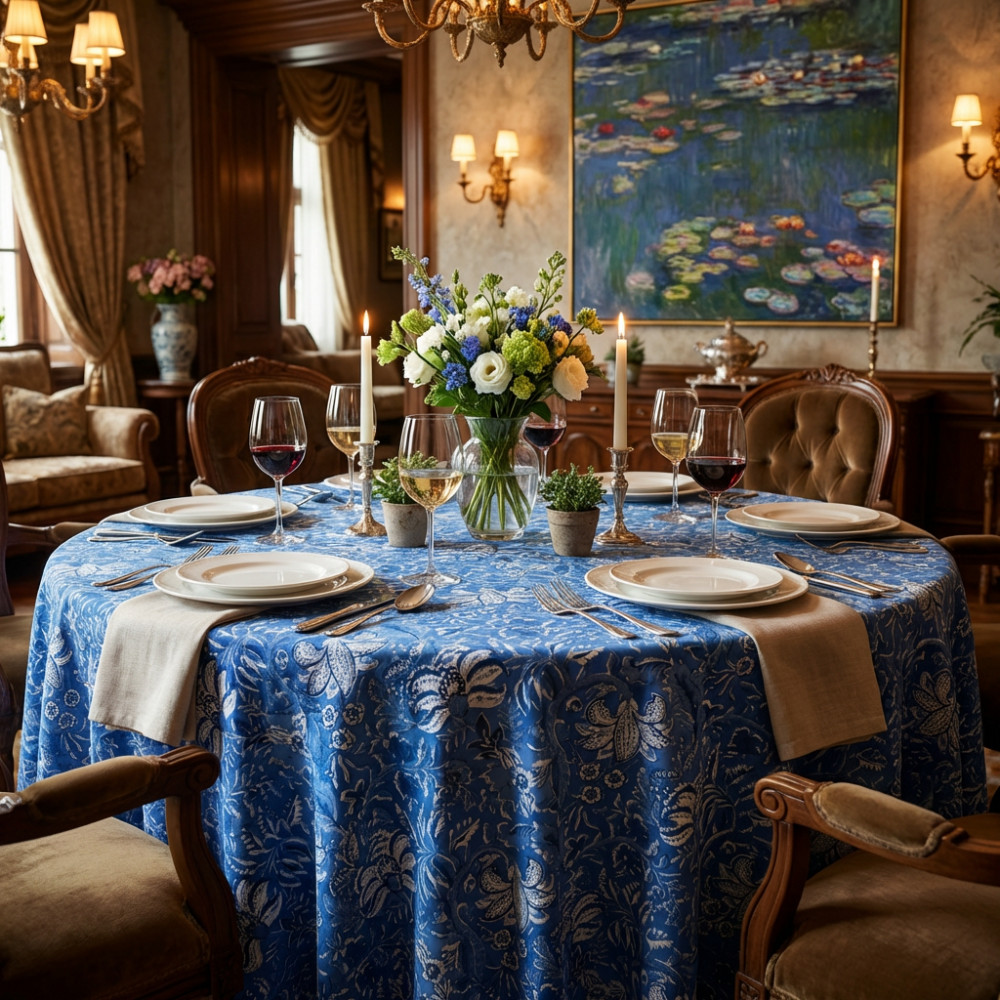 Image of Hand Block Printed Cotton Round Tablecloth 275 cms | Anarkali Blue Gud 106797