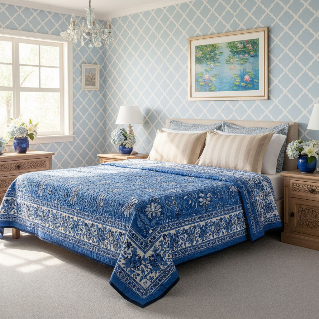 Hand Block Printed Cotton Quilt King Size Anarkali Blue Gud 106797