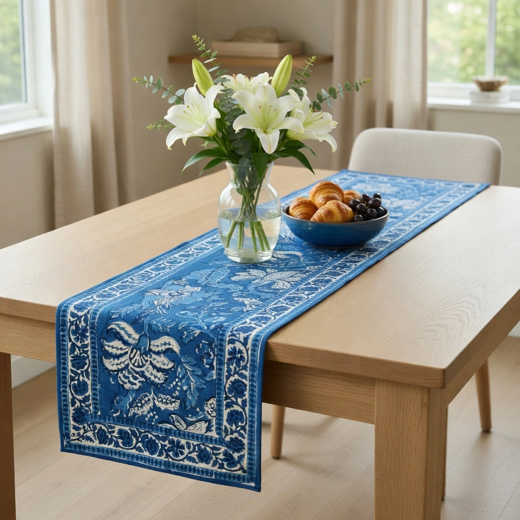 Hand Block Printed Cotton Canvas Table Runner 33x170 cms Anarkali Blue Gud 106797
