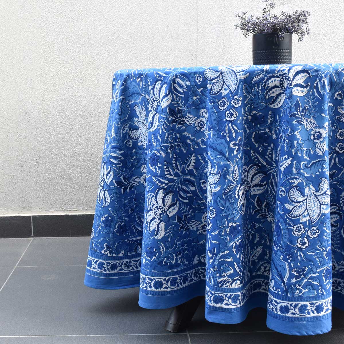Hand Block Printed Cotton Round Tablecloth 275 cms Anarkali Blue Gud 106797