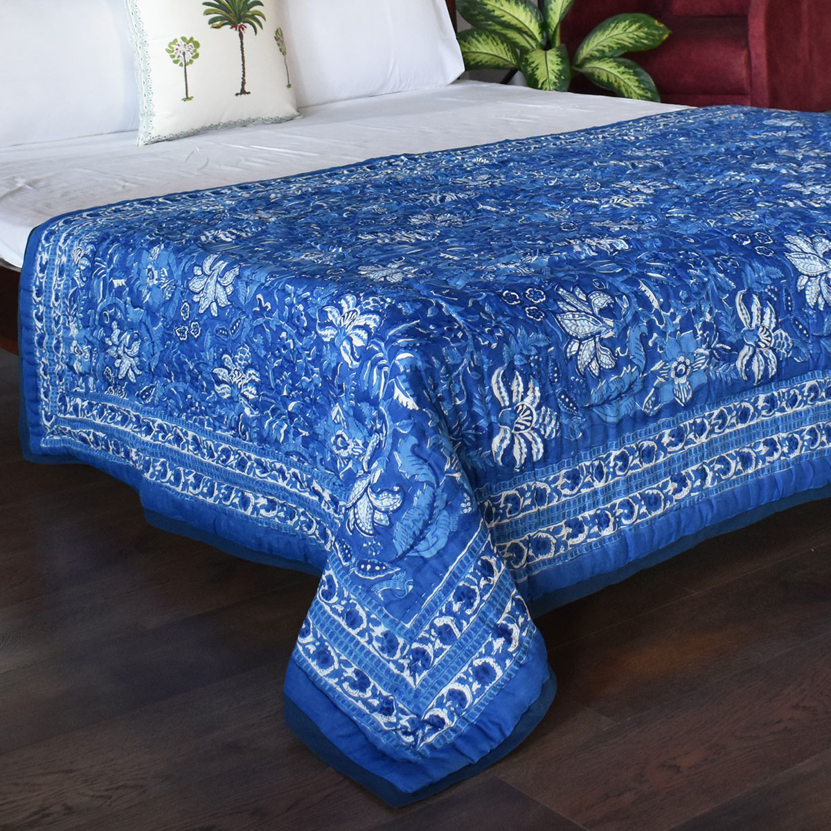 Indian Hand Block Printed Cotton Twin Quilt Anarkali Blue Gud 106797