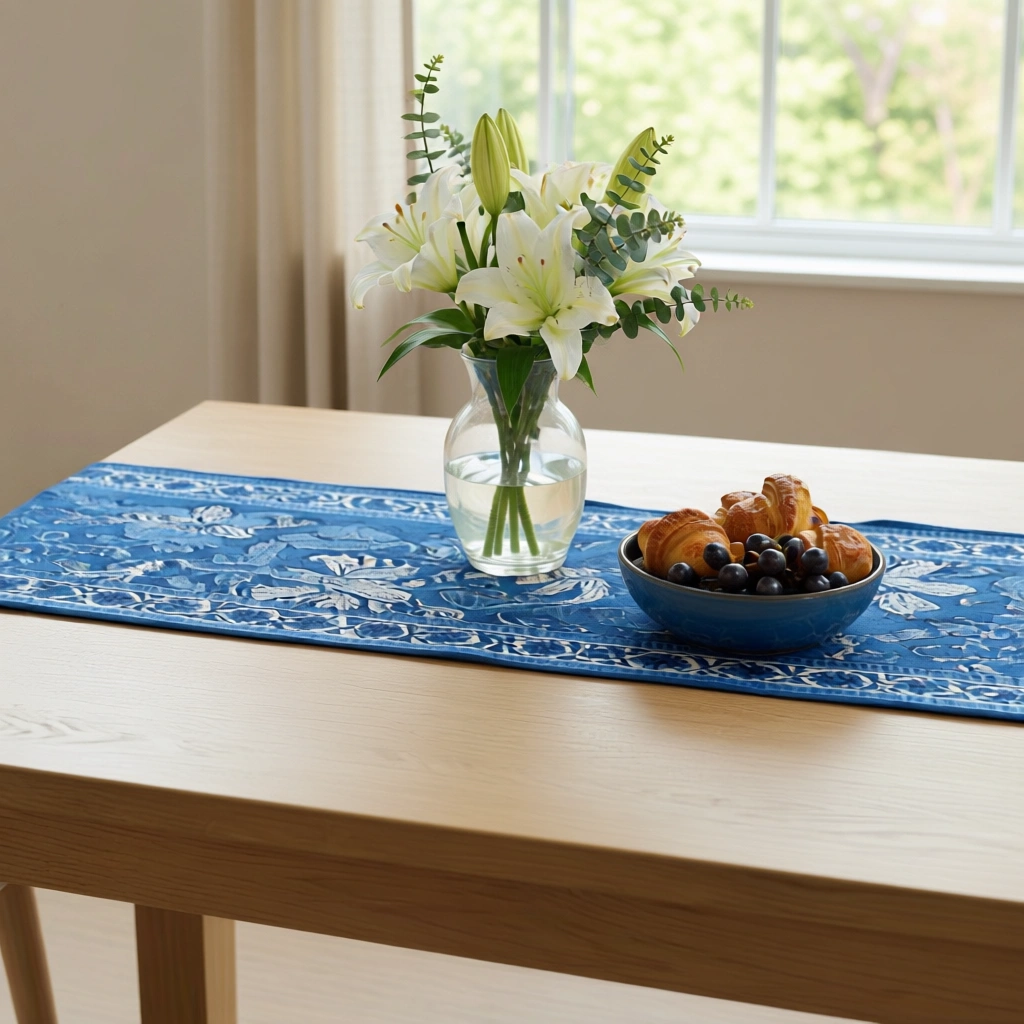 Hand Block Printed Cotton Canvas Table Runner 33x170 cms Anarkali Blue Gud 106797