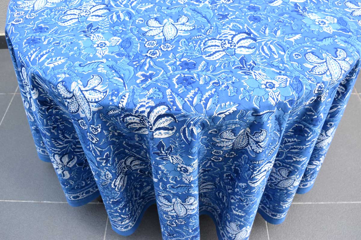 Hand Block Printed Cotton Round Tablecloth 275 cms Anarkali Blue Gud 106797