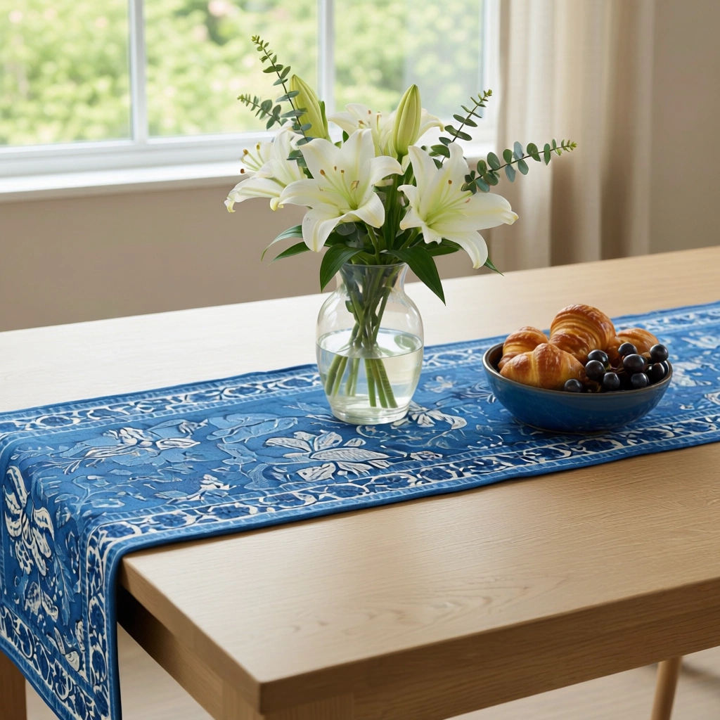 Hand Block Printed Cotton Canvas Table Runner 33x170 cms Anarkali Blue Gud 106797