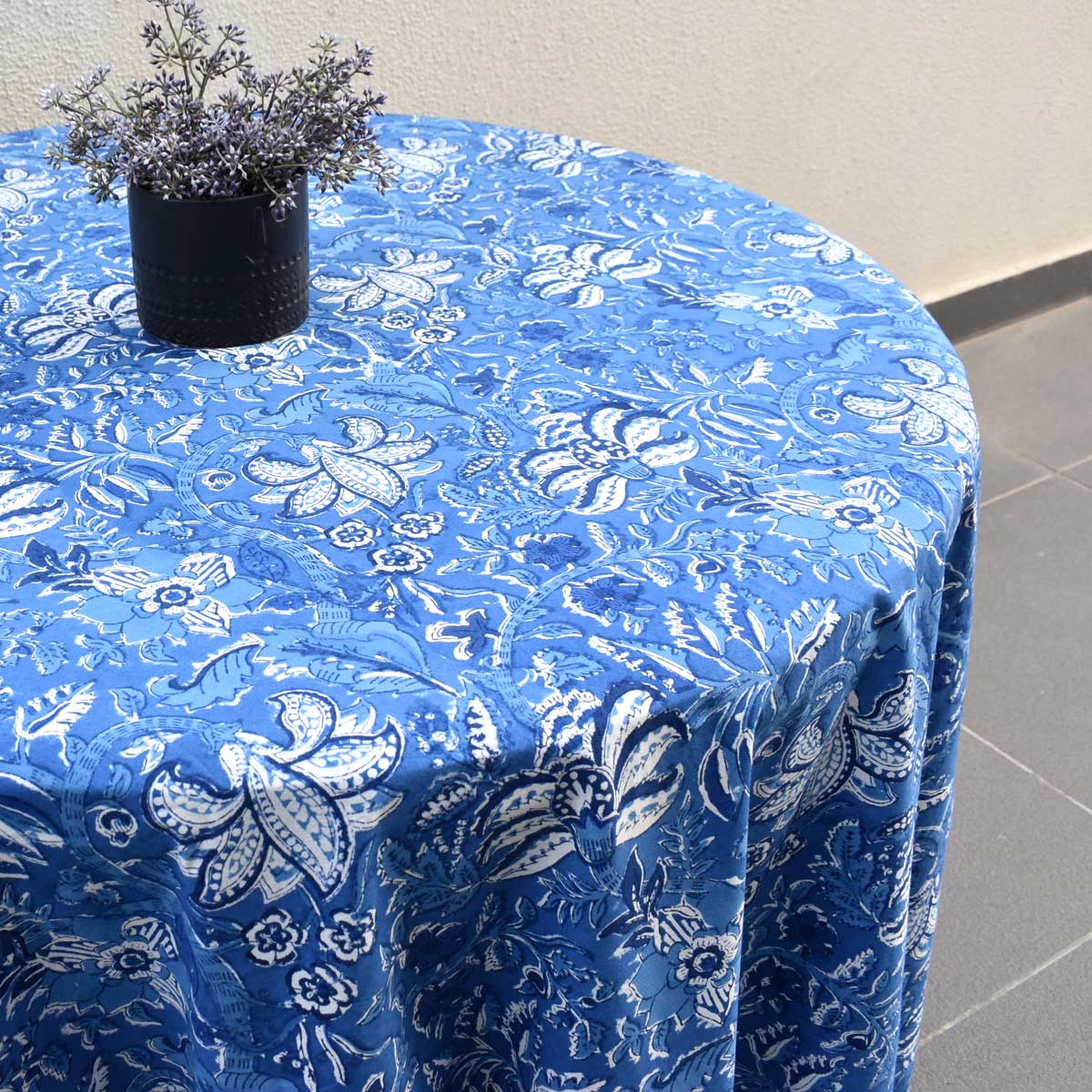 Hand Block Printed Cotton Round Tablecloth 275 cms Anarkali Blue Gud 106797