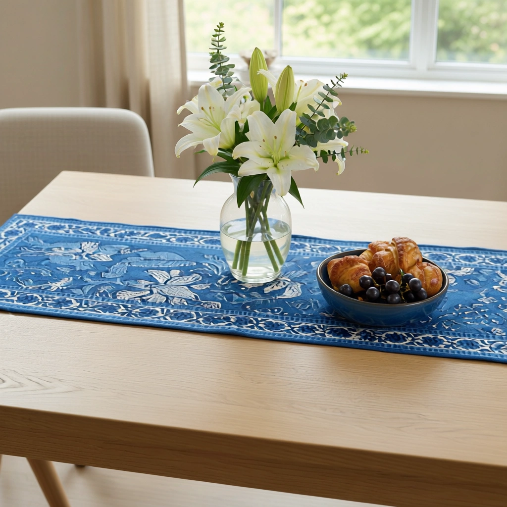 Hand Block Printed Cotton Canvas Table Runner 33x170 cms Anarkali Blue Gud 106797