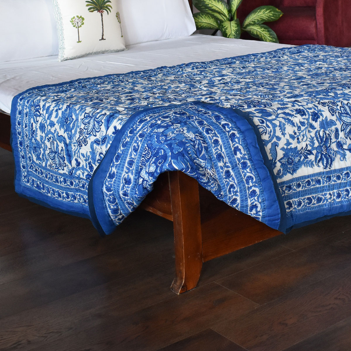 Indian Hand Block Printed Cotton Twin Quilt Anarkali Blue Gud 106797