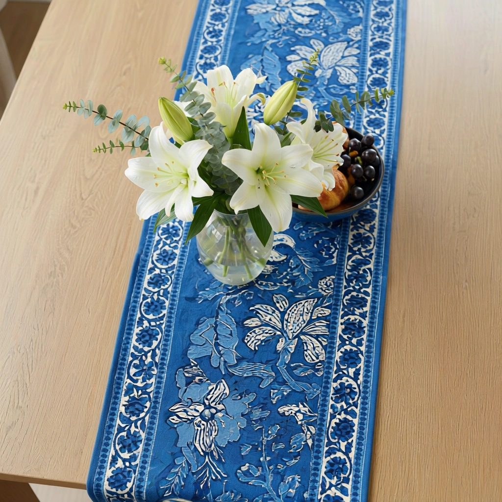 Hand Block Printed Cotton Canvas Table Runner 33x170 cms Anarkali Blue Gud 106797