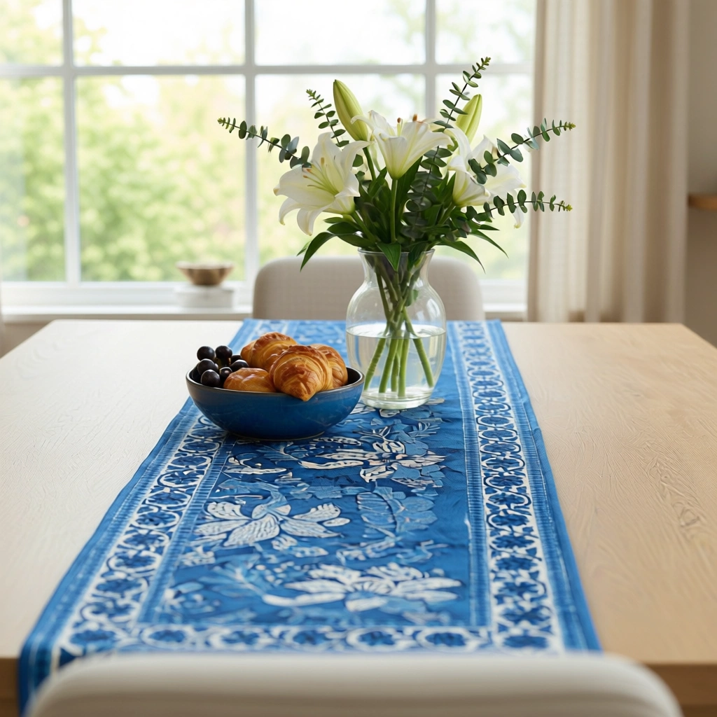 Hand Block Printed Cotton Canvas Table Runner 33x170 cms Anarkali Blue Gud 106797