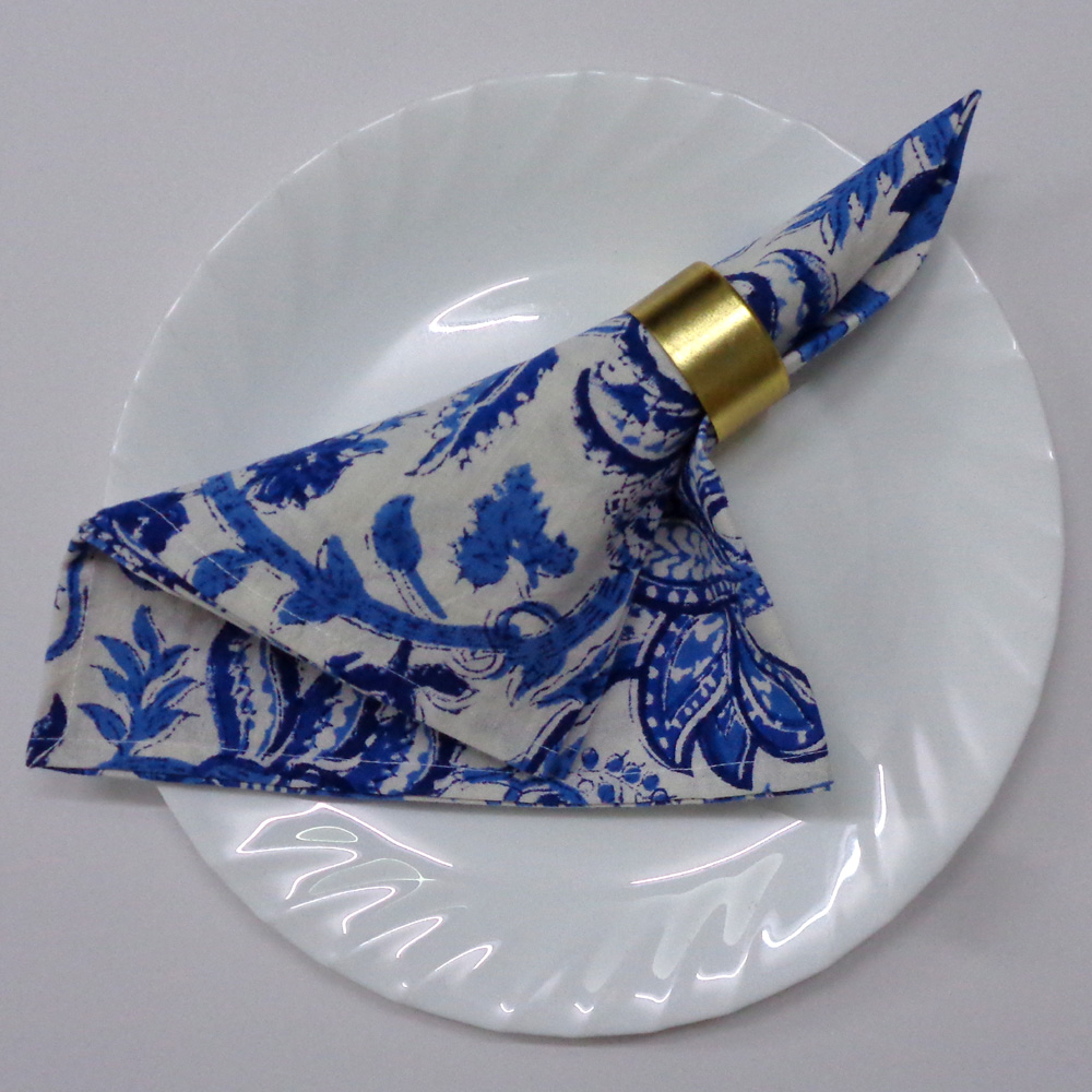 Hand Block Printed Cotton Napkin 45x45 cms Set of 4 Napkins Anarkali Blue Open 106795