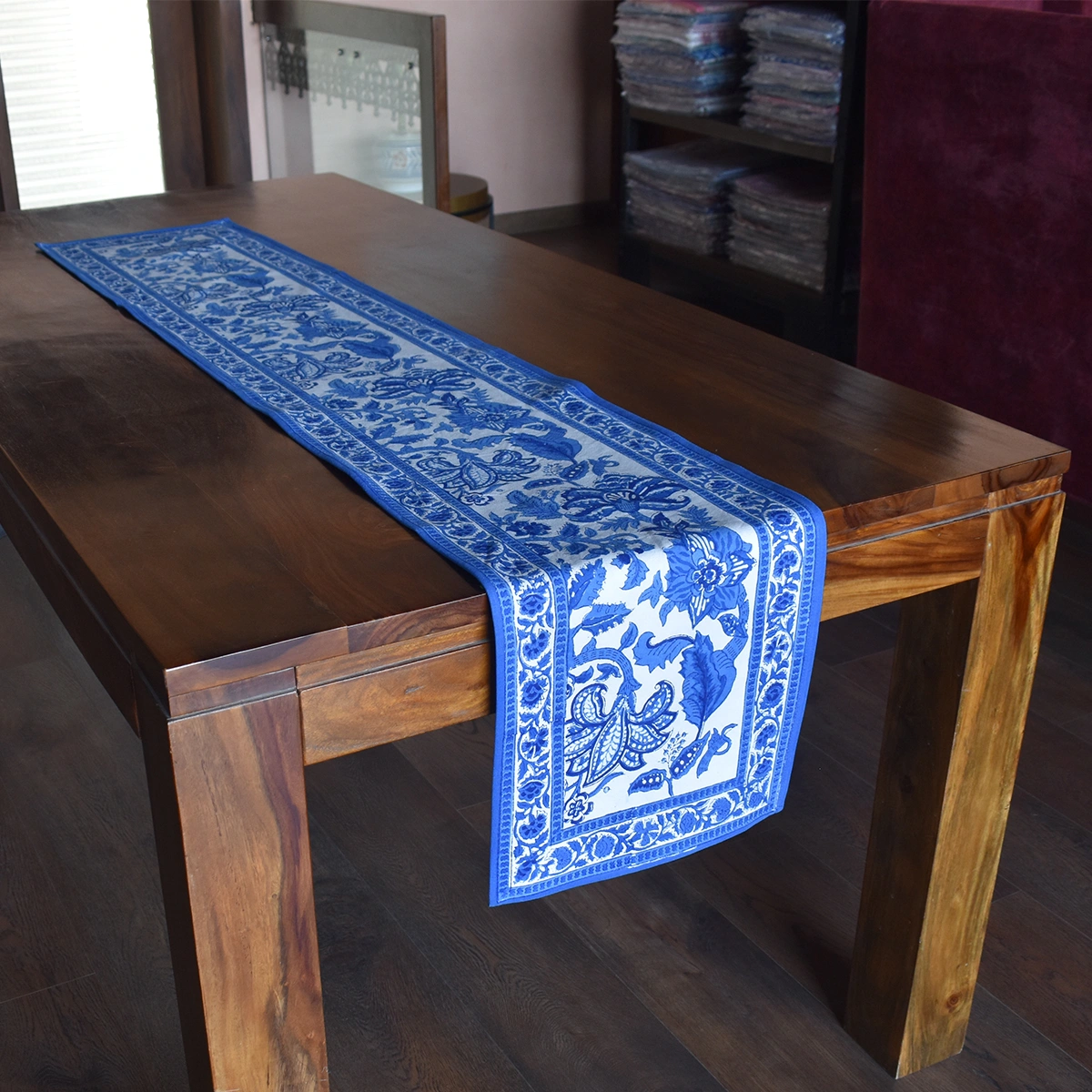 Hand Block Printed Cotton Canvas Table Runner 33x170 cms Anarkali Blue Open 106795