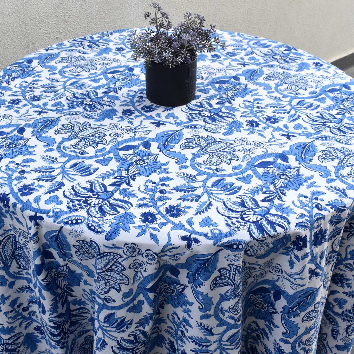 Hand Block Printed Cotton Round Tablecloth 275 cms Anarkali Blue Open 106795