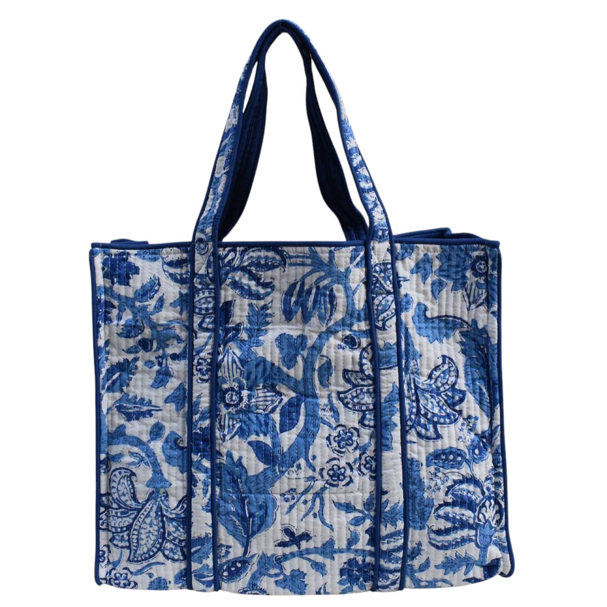Hand Block Printed Cotton Quilted Tote Bag Anarkali Blue Open 106795
