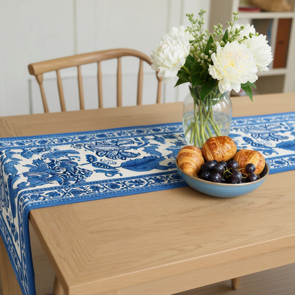 Hand Block Printed Cotton Canvas Table Runner 33x170 cms Anarkali Blue Open 106795