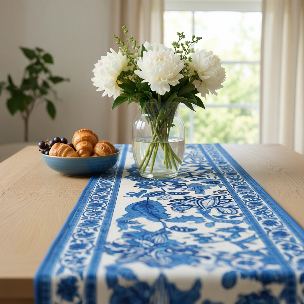 Hand Block Printed Cotton Canvas Table Runner 33x170 cms Anarkali Blue Open 106795