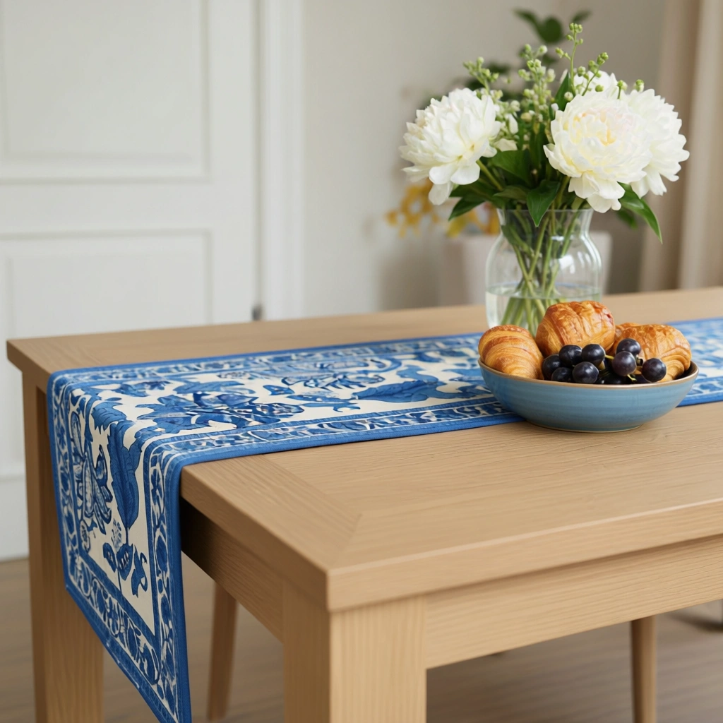 Hand Block Printed Cotton Canvas Table Runner 33x120 cms Anarkali Blue Open 106795