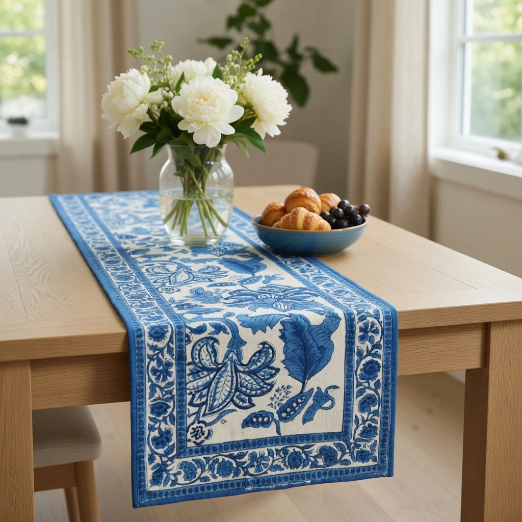 Hand Block Printed Cotton Canvas Table Runner 33x170 cms Anarkali Blue Open 106795