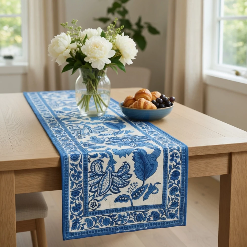 Image of Hand Block Printed Cotton Canvas Table Runner 33x120 cms | Anarkali Blue Open 106795