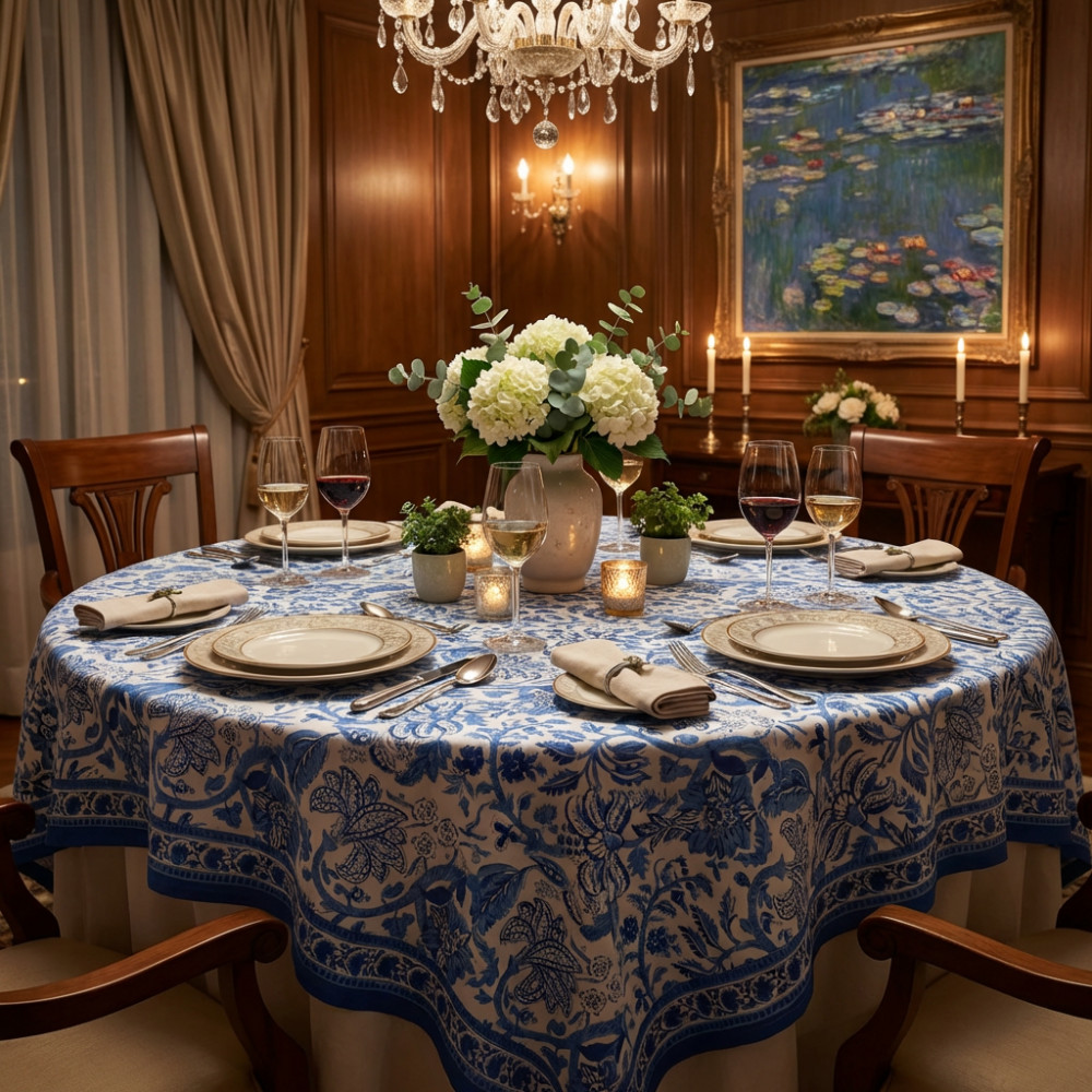 Image of Hand Block Printed Cotton Round Tablecloth 180 cm | Anarkali Blue Open 106795