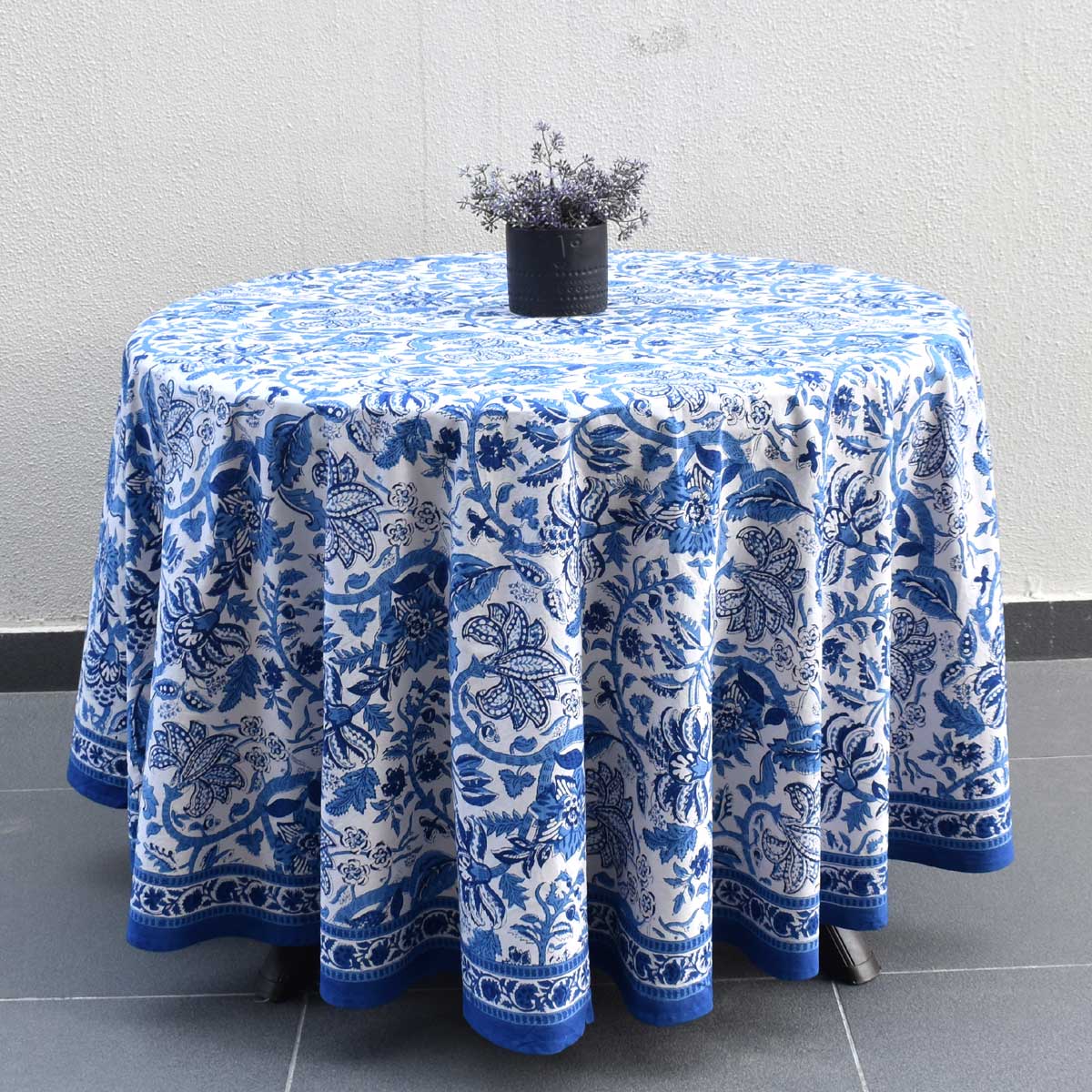 Hand Block Printed Cotton Round Tablecloth 150 cm Anarkali Blue Open 106795