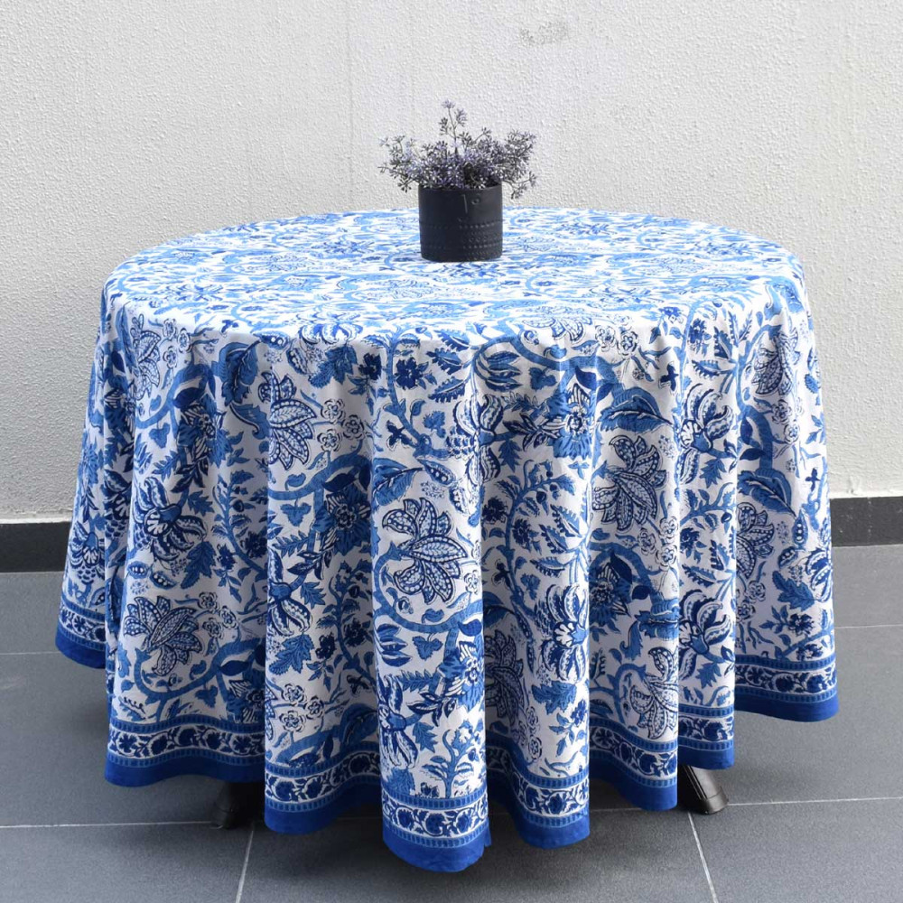 Image of Hand Block Printed Cotton Round Tablecloth 275 cms | Anarkali Blue Open 106795