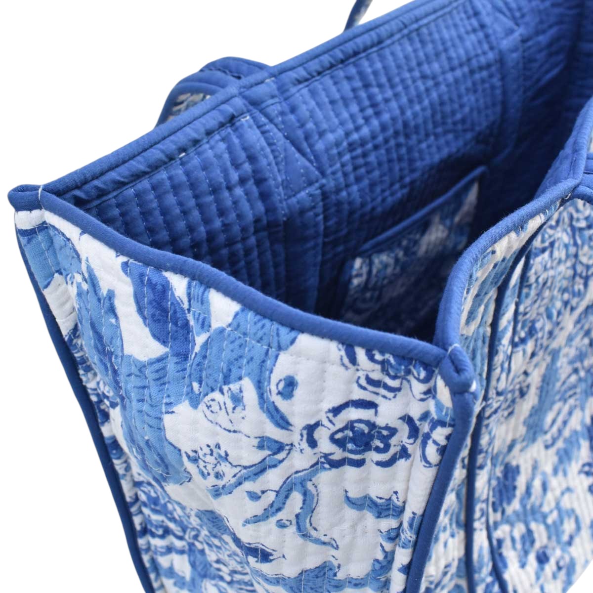 Hand Block Printed Cotton Quilted Tote Bag Anarkali Blue Open 106795