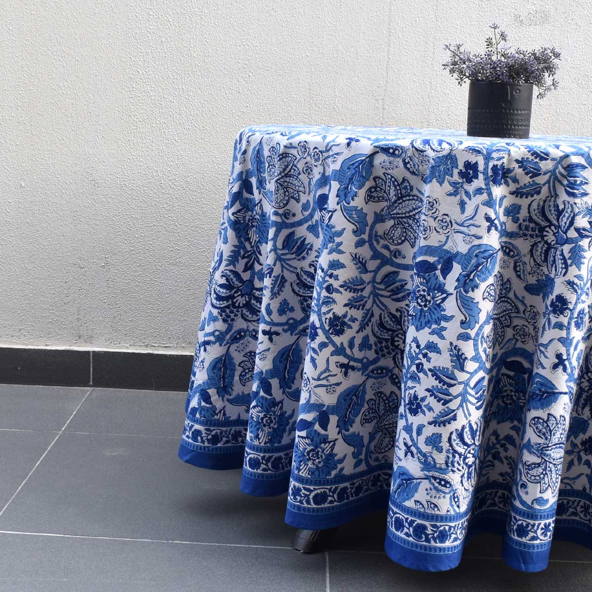 Hand Block Printed Cotton Round Tablecloth 275 cms Anarkali Blue Open 106795
