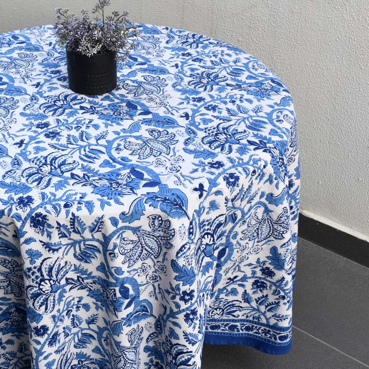 Hand Block Printed Cotton Round Tablecloth 275 cms Anarkali Blue Open 106795