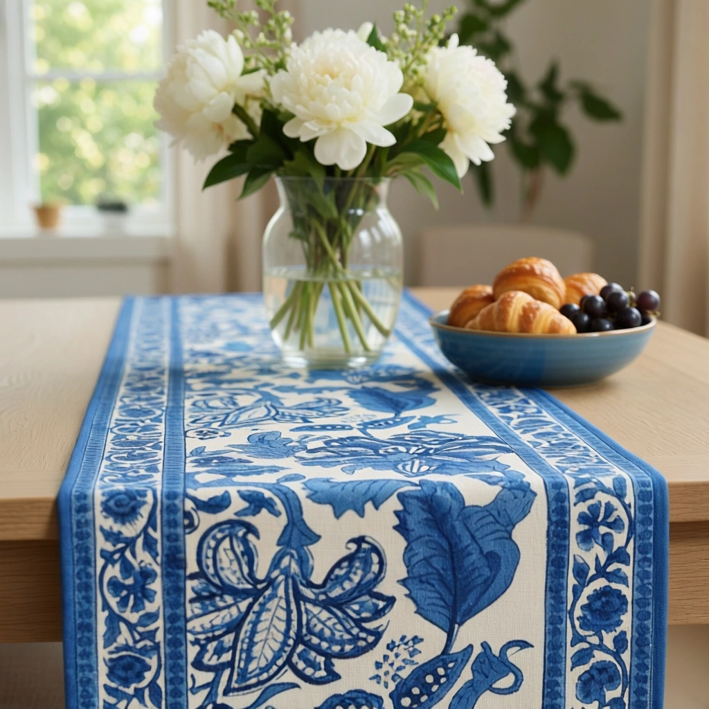 Hand Block Printed Cotton Canvas Table Runner 33x120 cms Anarkali Blue Open 106795