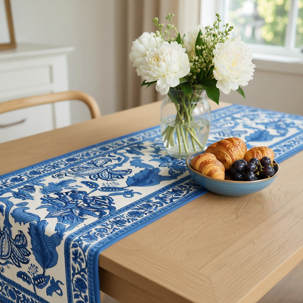Hand Block Printed Cotton Canvas Table Runner 33x170 cms Anarkali Blue Open 106795