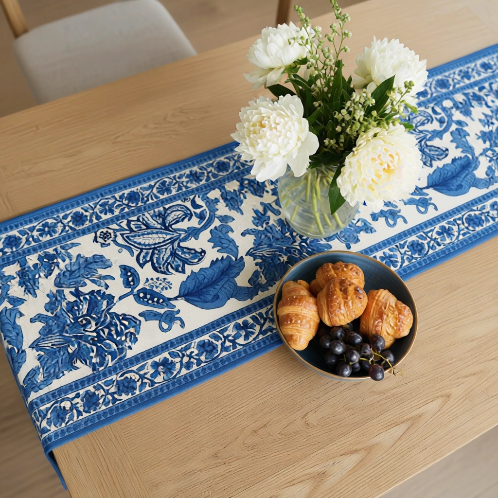 Hand Block Printed Cotton Canvas Table Runner 33x170 cms Anarkali Blue Open 106795