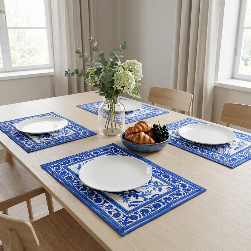 Hand Block Printed Cotton Canvas Table Mat 32x48 cms Set of 2 Table mats Anarkali Blue Open 106795