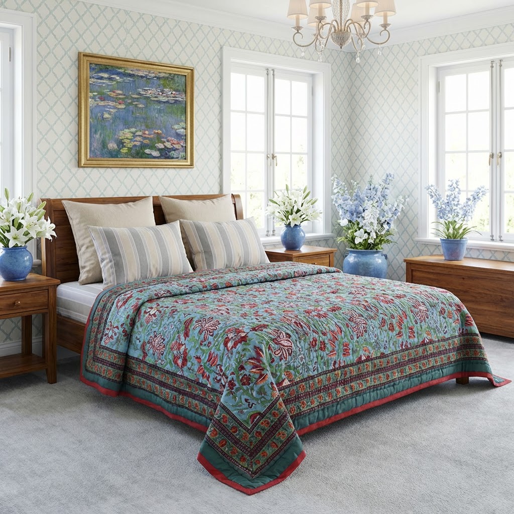 Hand Block Printed Cotton Twin Size Quilt  Anarkali Green 4273