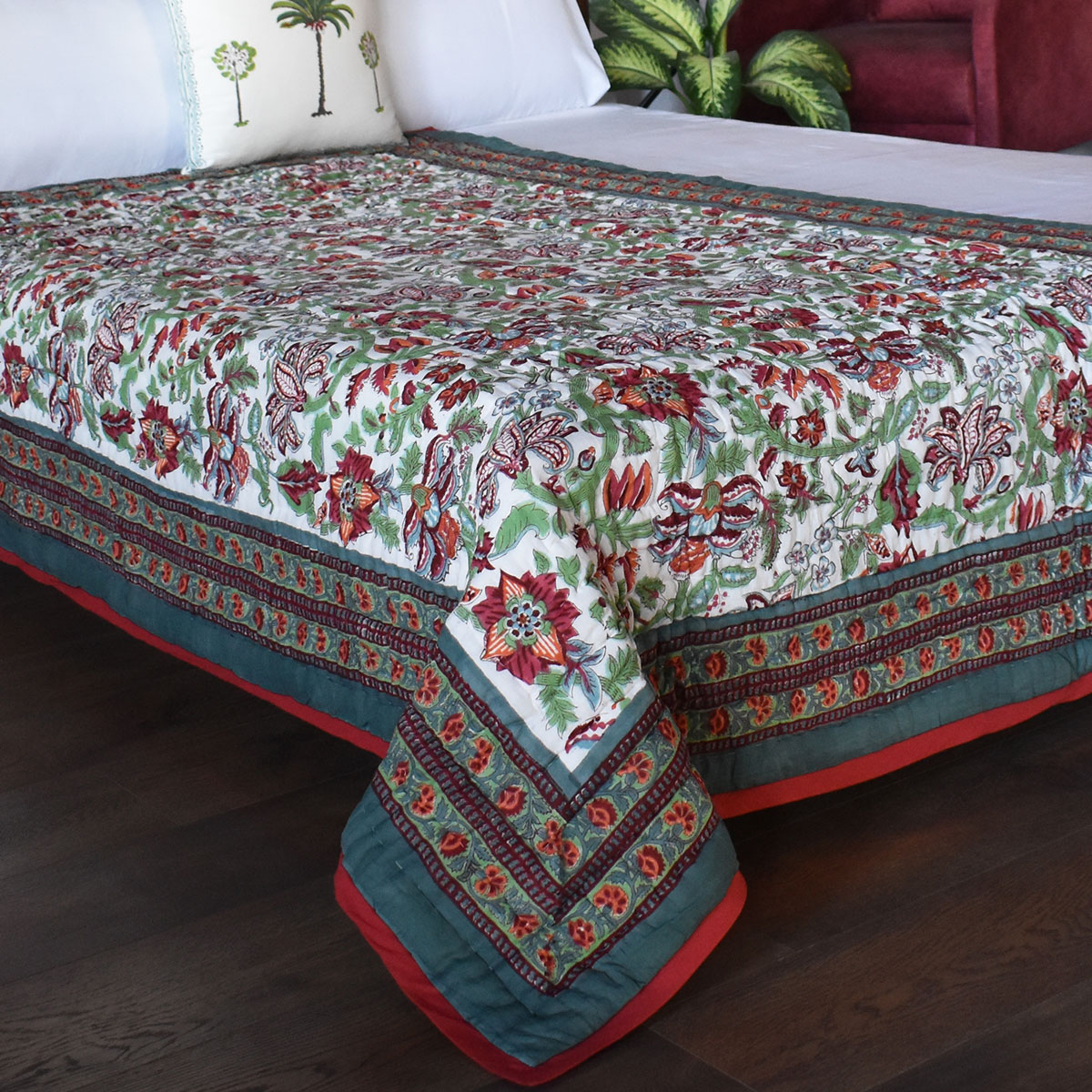 Hand Block Printed Cotton Twin Size Quilt Anarkali Green 4273