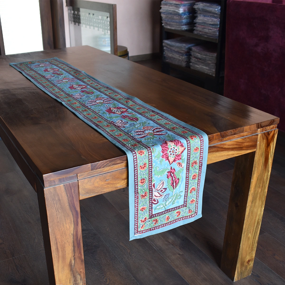 Hand Block Printed Cotton Canvas Table Runner 33x170 cms Anarkali Green Gud 106821