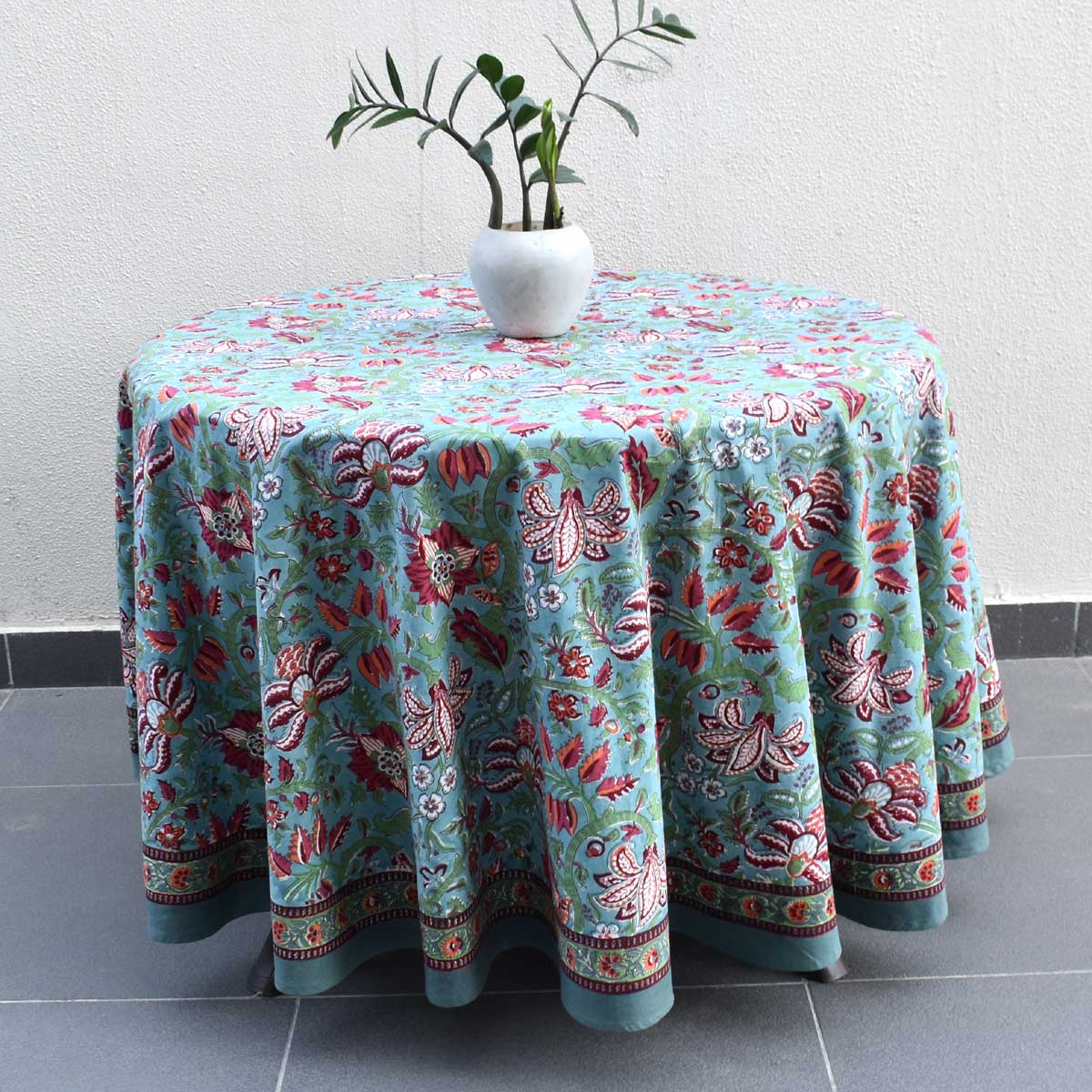 Hand Block Printed Cotton Round Tablecloth 180 cms Anarkali Green Gud 106821