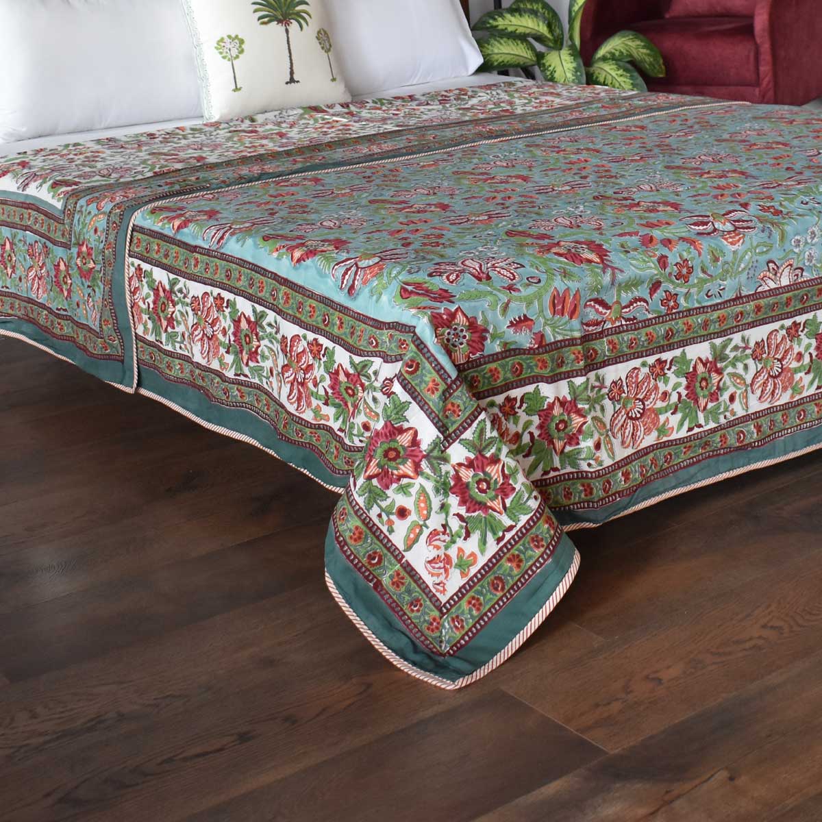 Indian Hand Block Printed Cotton Dohar Queen Size Anarkali Green Gud 106821