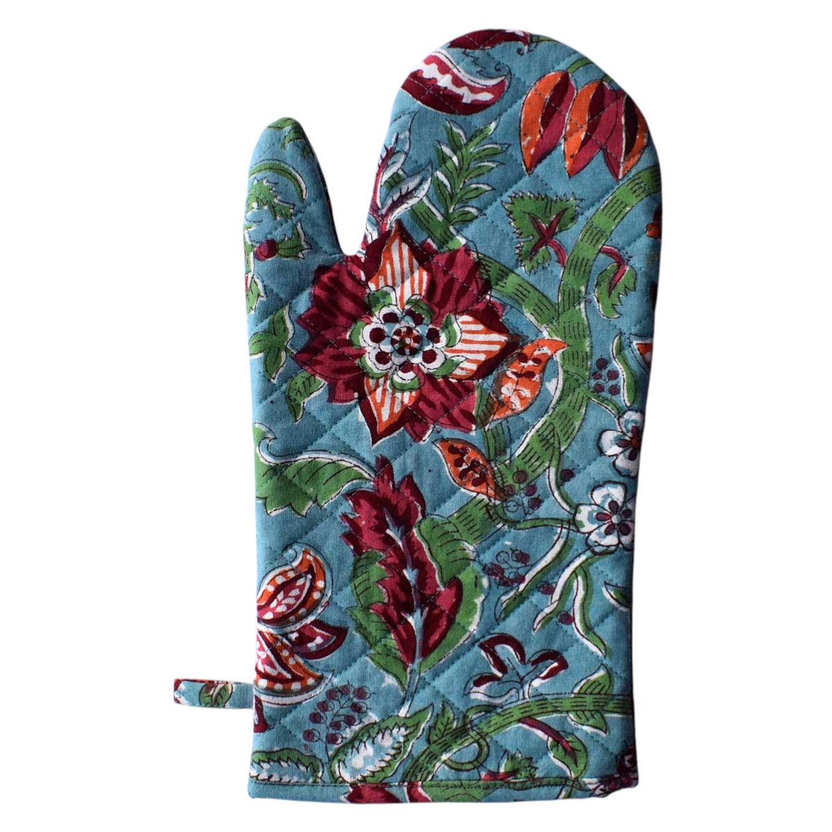 Artisan-Made Hand Block Printed Oven Mitt and Pot Holder Set Anarkali Green Gud 106821