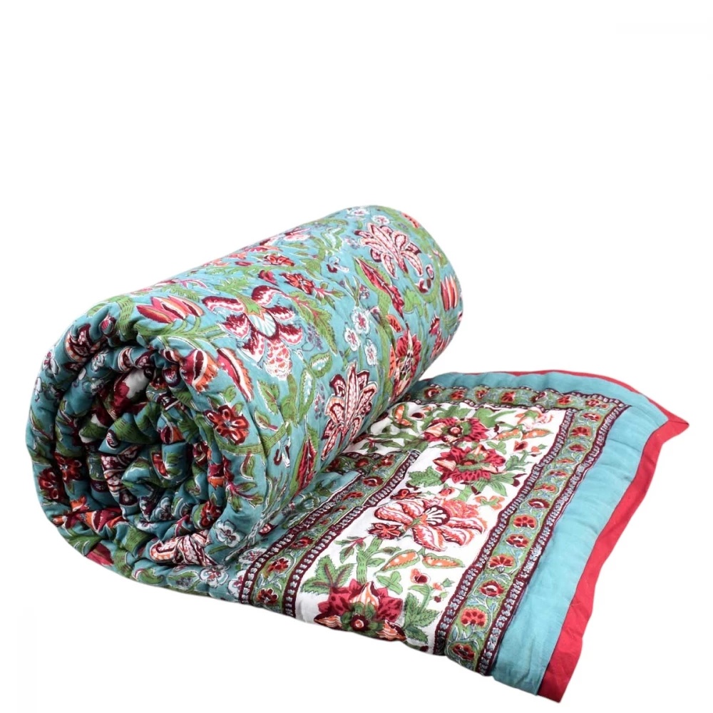 Image of Hand Block Printed Cotton Queen Size Quilt | Anarkali Green Gud 106821