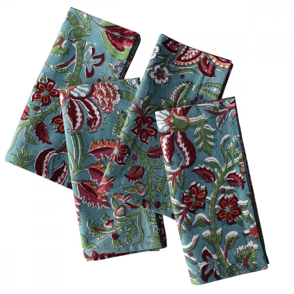 Image of Hand Block Printed Cotton Napkin 45x45 cms (Set of 4 Napkins) | Anarkali Green Gud 106821