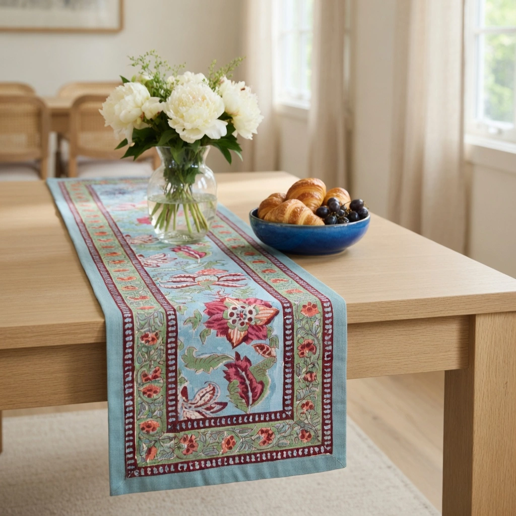 Hand Block Printed Cotton Canvas Table Runner 33x170 cms Anarkali Green Gud 106821