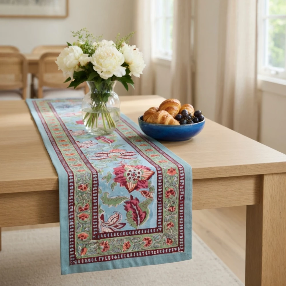 Image of Hand Block Printed Cotton Canvas Table Runner 33x120 cms | Anarkali Green Gud 106821