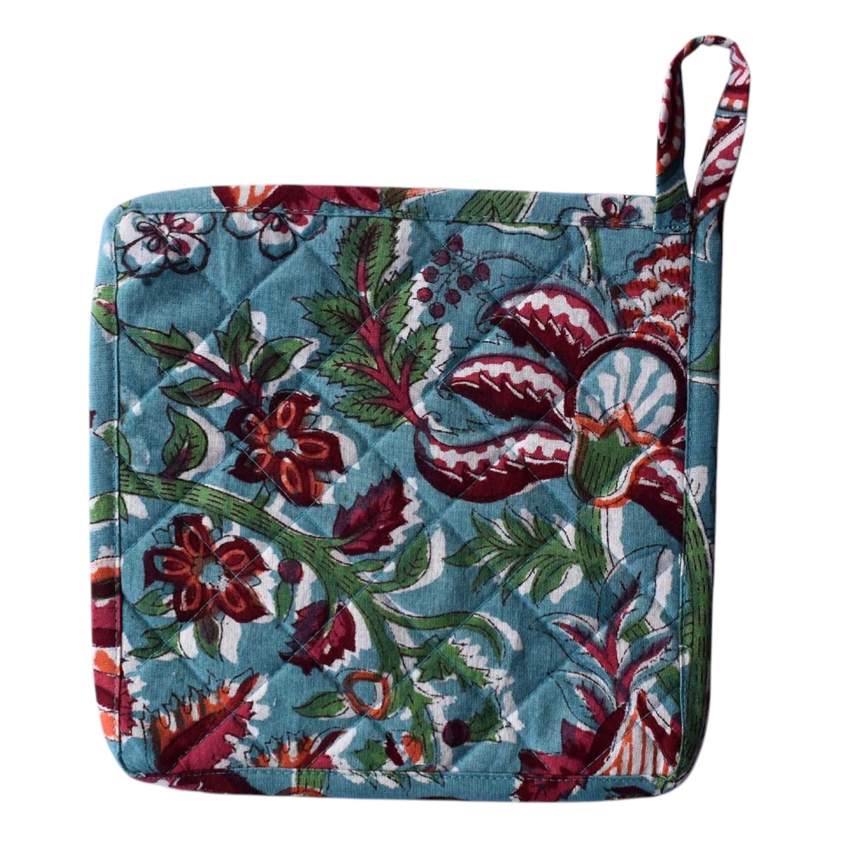Artisan-Made Hand Block Printed Oven Mitt and Pot Holder Set Anarkali Green Gud 106821