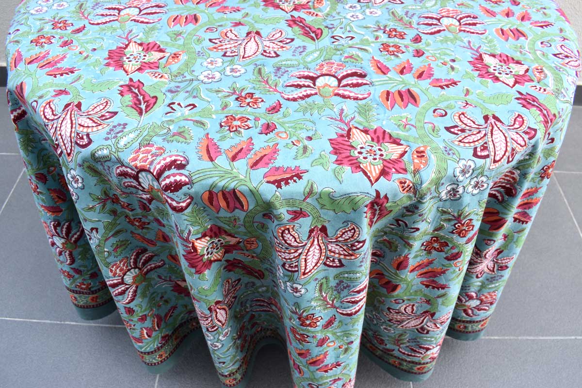 Hand Block Printed Cotton Round Tablecloth 220 cms Anarkali Green Gud 106821