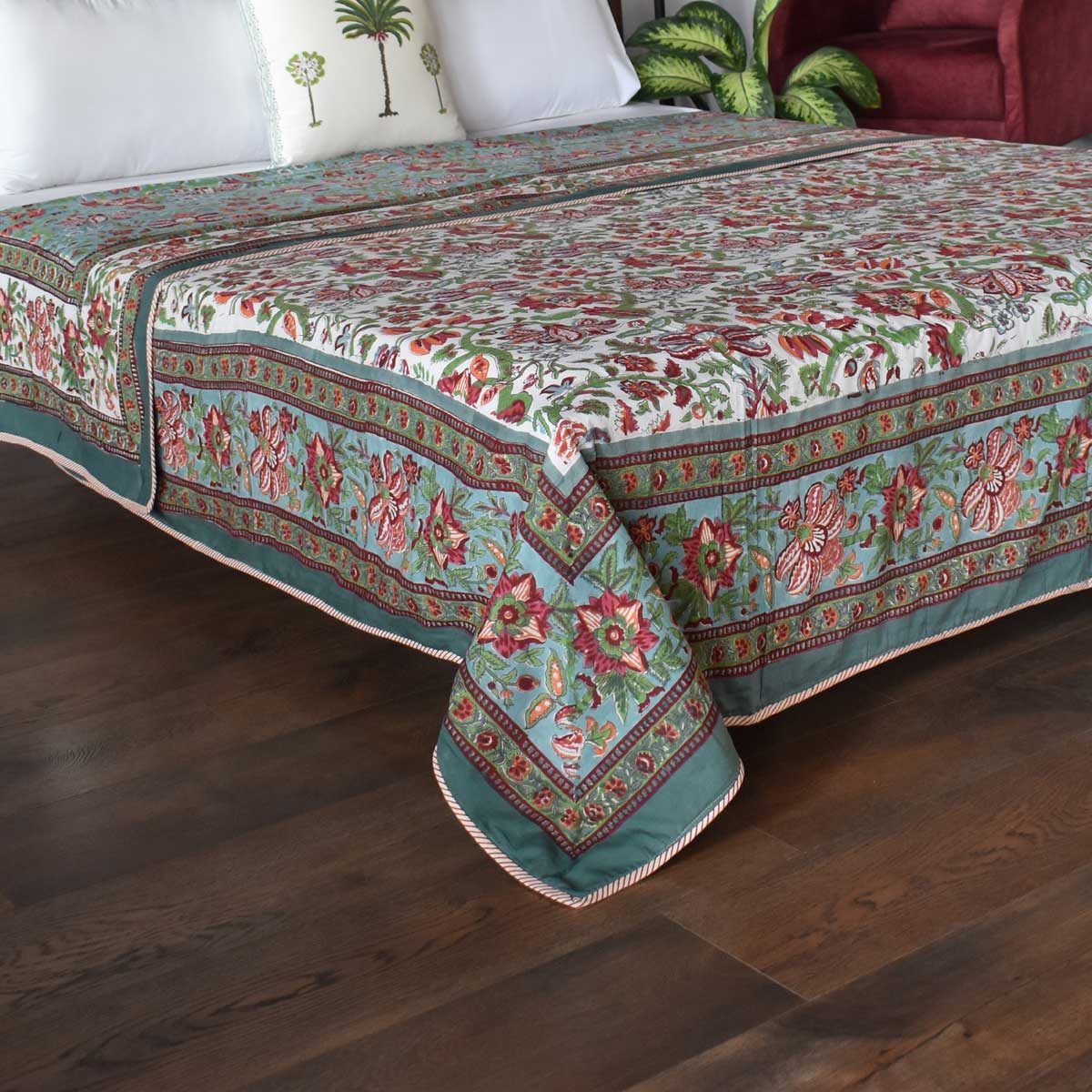 Indian Hand Block Printed Cotton Dohar Queen Size  Anarkali Green Gud 106821