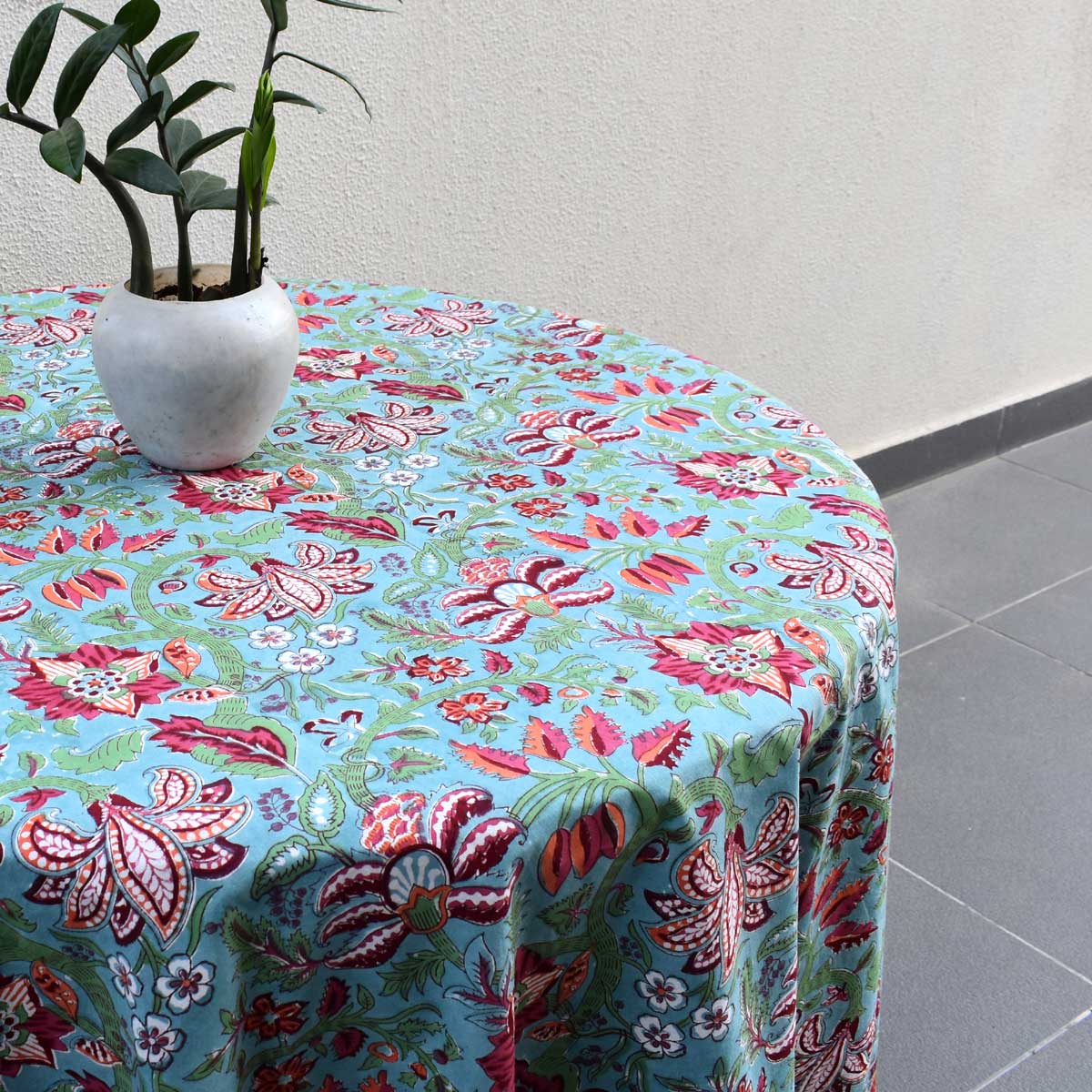 Hand Block Printed Cotton Round Tablecloth 220 cms Anarkali Green Gud 106821